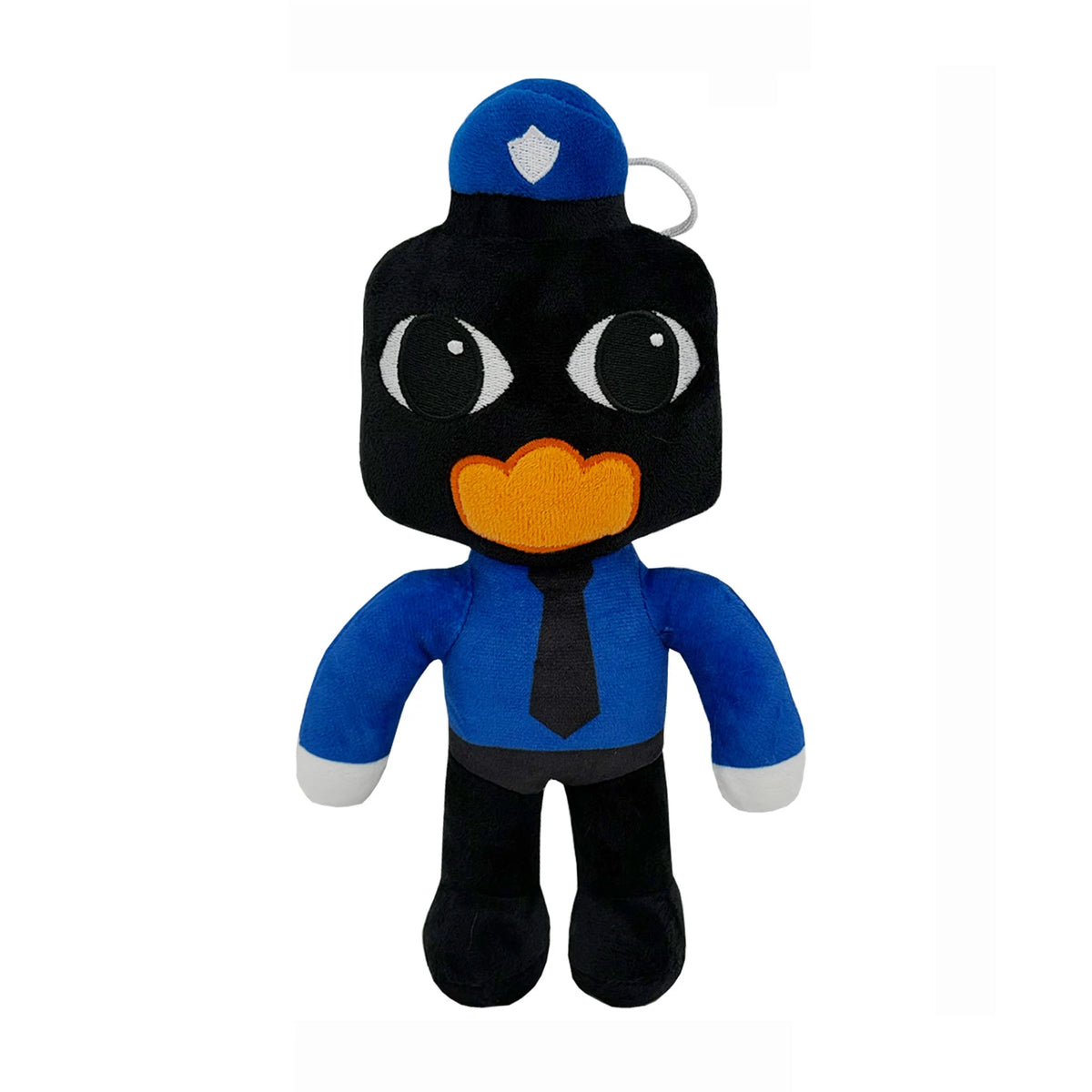 A plush toy set featuring a black and blue animal character with large eyes and an orange snout.