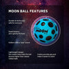 A blue moon ball with craters, highlighting its durable, bouncy, and lightweight features.