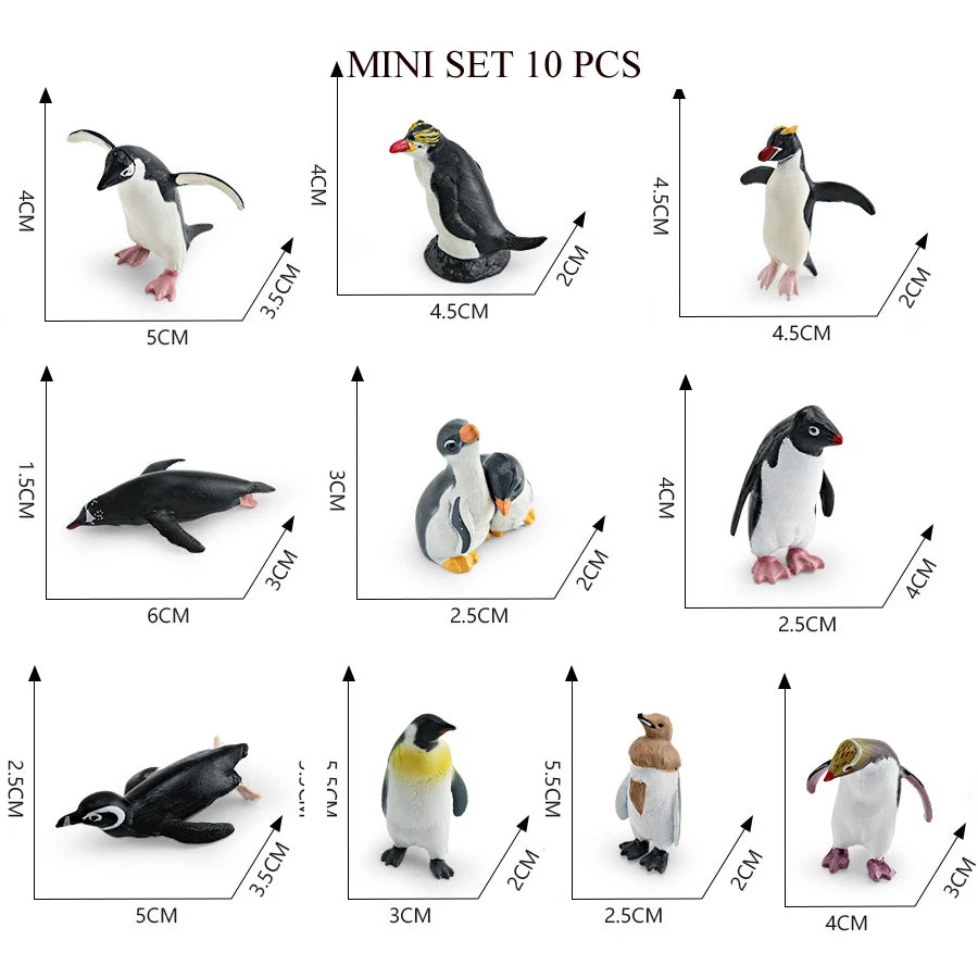 A set of ten realistic mini ocean animal figurines including a whale, shark, dolphin, turtle, and penguin.