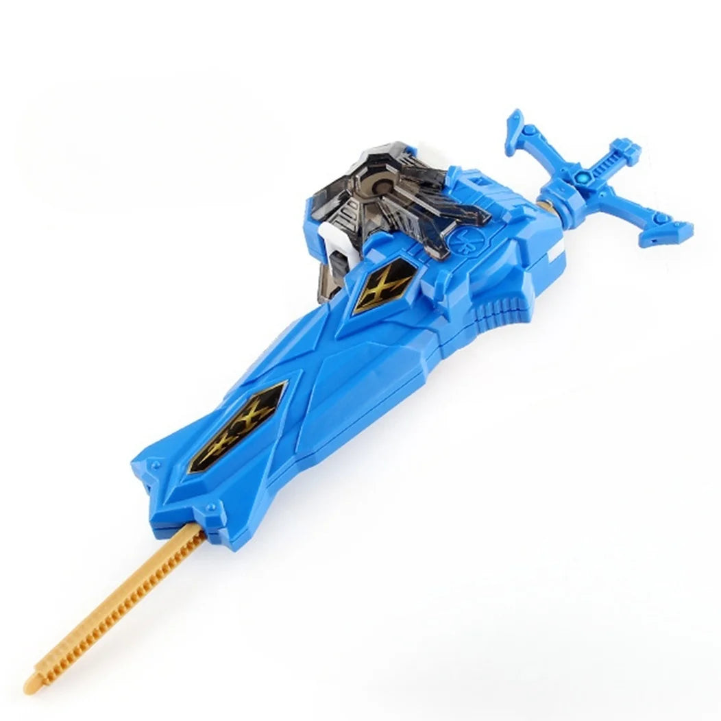 Blue burst-style spinning top launcher for kids with a silver top and wooden stick.
