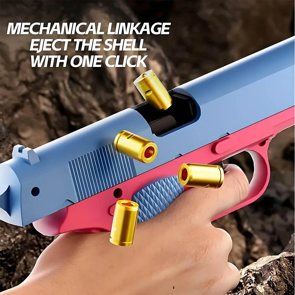 A hand is shown using a mechanical linkage to eject a shell from a blue and pink toy pistol.