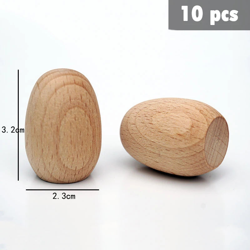 Ten natural wooden rainbow building blocks shown with dimensions 3.2cm by 2.3cm.
