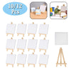 A set of twelve mini wooden easels with white canvases for kids art projects.