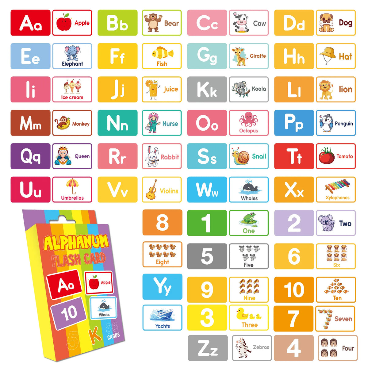 A colorful set of alphabet flash cards featuring letters, animals, and numbers for early learning.