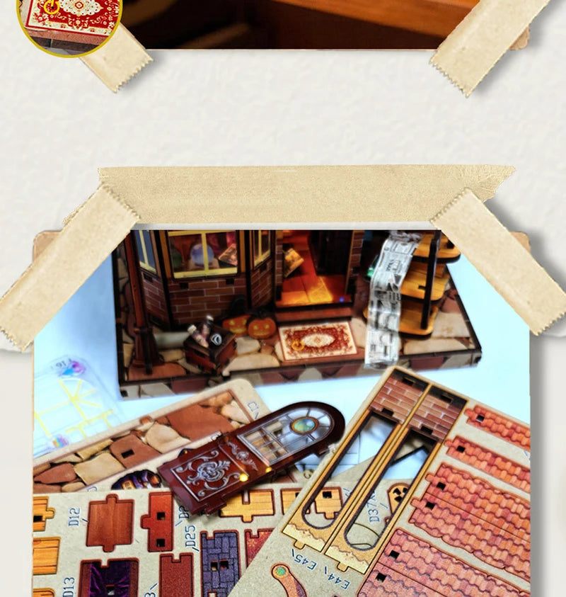 A miniature wooden dollhouse kit featuring furniture and architectural elements.