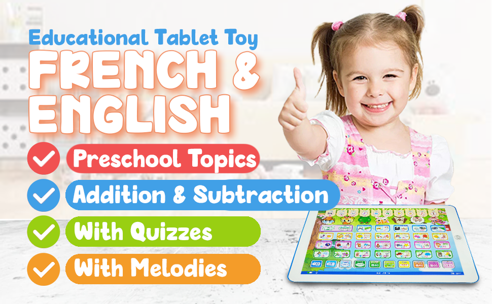 Une jeune fille souriante tient une tablette affichant des sujets éducatifs comme l'addition, la soustraction et des mélodies