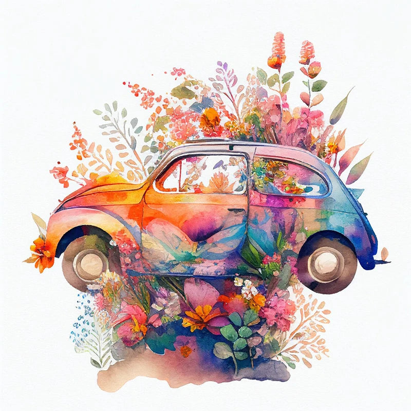 A watercolor illustration of an orange car surrounded by vibrant floral and foliage elements.