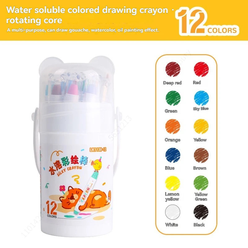 A set of 12 water-soluble colored drawing crayons with a rotating core in a white container.