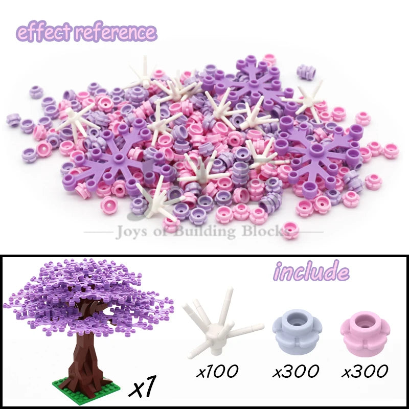 A set of purple and pink building blocks shaped like a cherry blossom tree, including 7 sets with various pieces.
