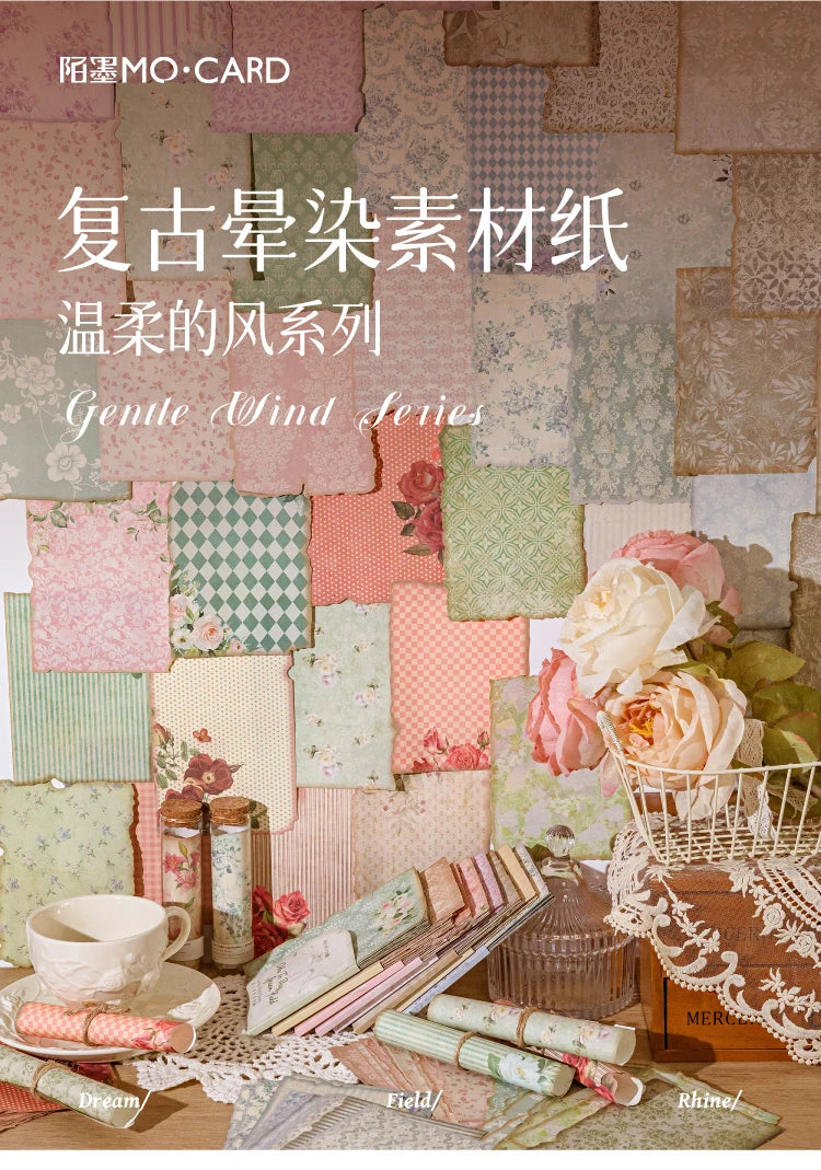 A collection of vintage paper sheets in various floral and muted tones, arranged with dried flowers and rustic elements.
