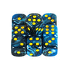 A set of ten mixed-color dice, featuring dark blue and black marbled surfaces with bright yellow dots.
