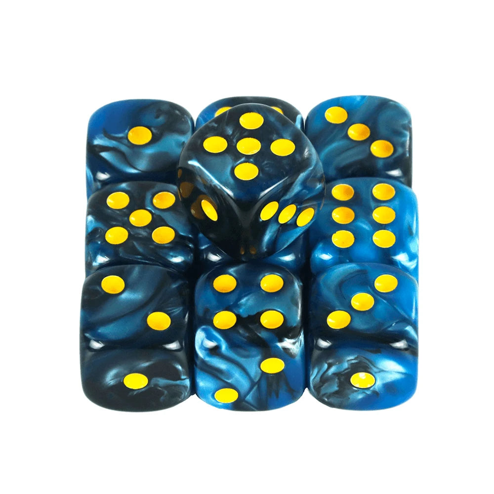A set of ten mixed-color dice, featuring dark blue and black marbled surfaces with bright yellow dots.