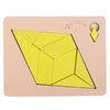 A yellow wooden geometric puzzle shaped like a pyramid is shown on a pink background.