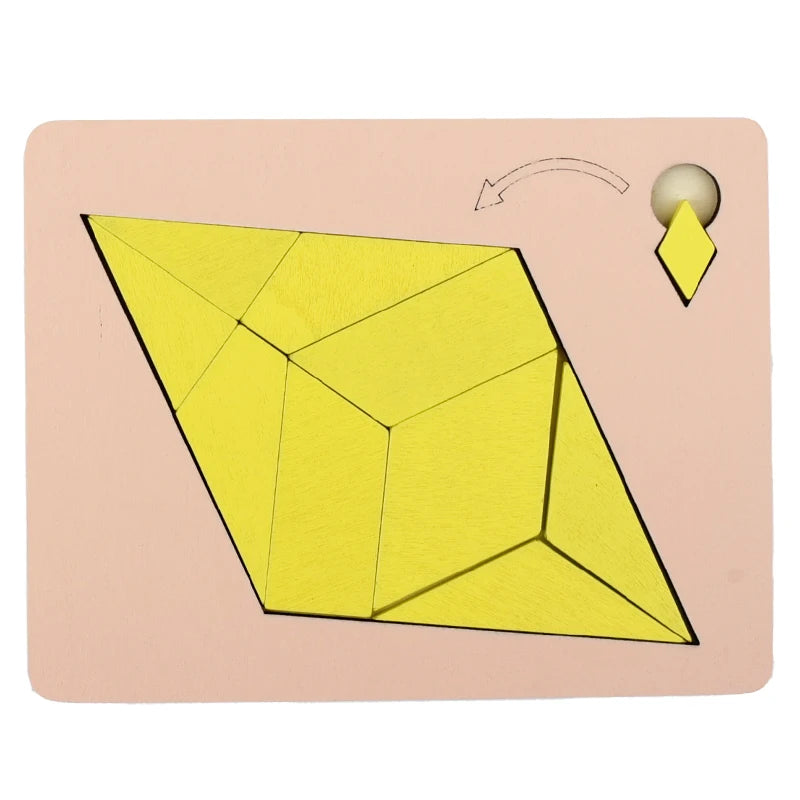 A yellow wooden geometric puzzle shaped like a pyramid is shown on a pink background.