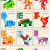 A set of alphabet transformable robot toys featuring various animals and letters from A to G.