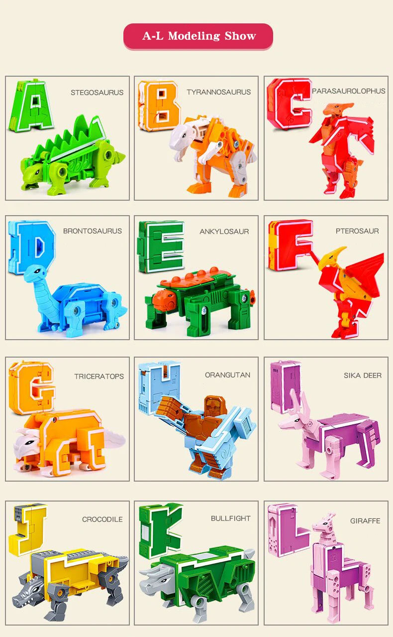 A set of alphabet transformable robot toys featuring various animals and letters from A to G.