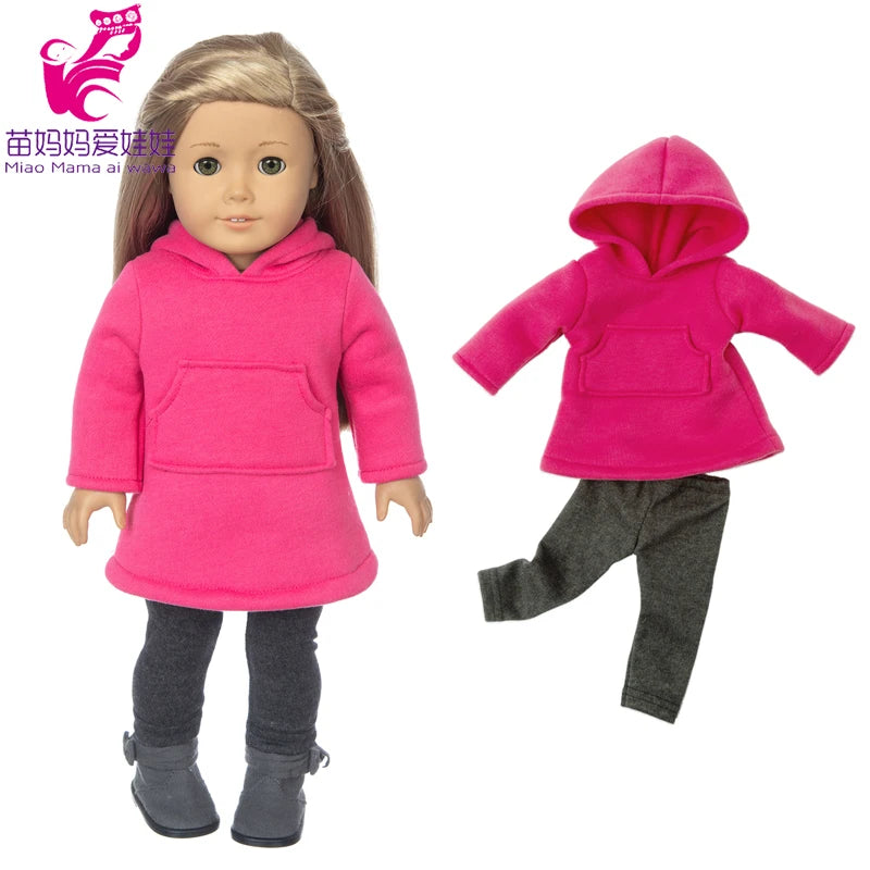 A pink hooded outfit set for a doll including a hoodie, shirt, skirt, and tights.
