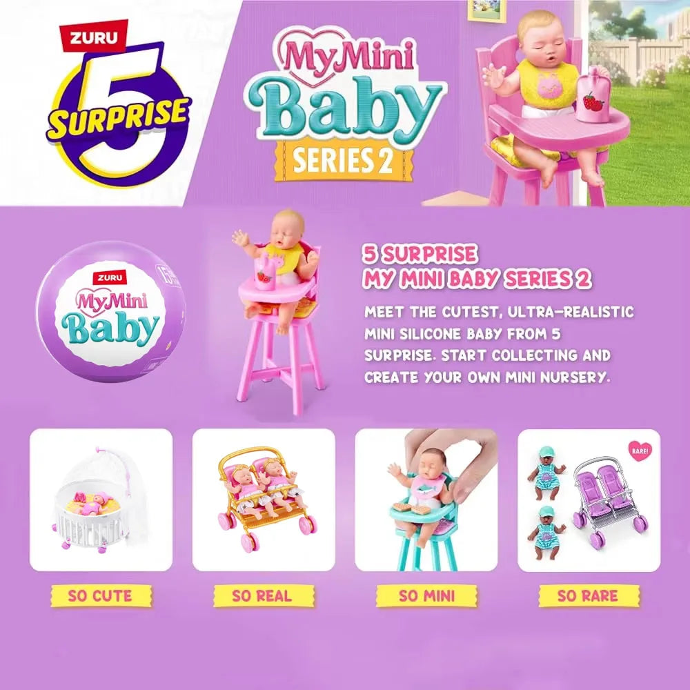 A collection of My Mini Baby Series 2 surprise capsule dolls and accessories featuring baby figures in pink and yellow.