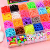 A colorful kit of rainbow loom bands and beads for DIY bracelet making, packaged in a clear plastic tray.