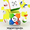 A white and green magnetic cube is shown alongside various yellow geometric shapes, promoting the Swift Block product.