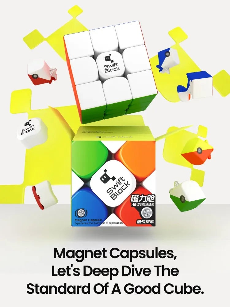 A white and green magnetic cube is shown alongside various yellow geometric shapes, promoting the Swift Block product.