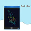 A dark blue 8.5-inch LCD drawing tablet showing a glowing green rocket design on a black screen.