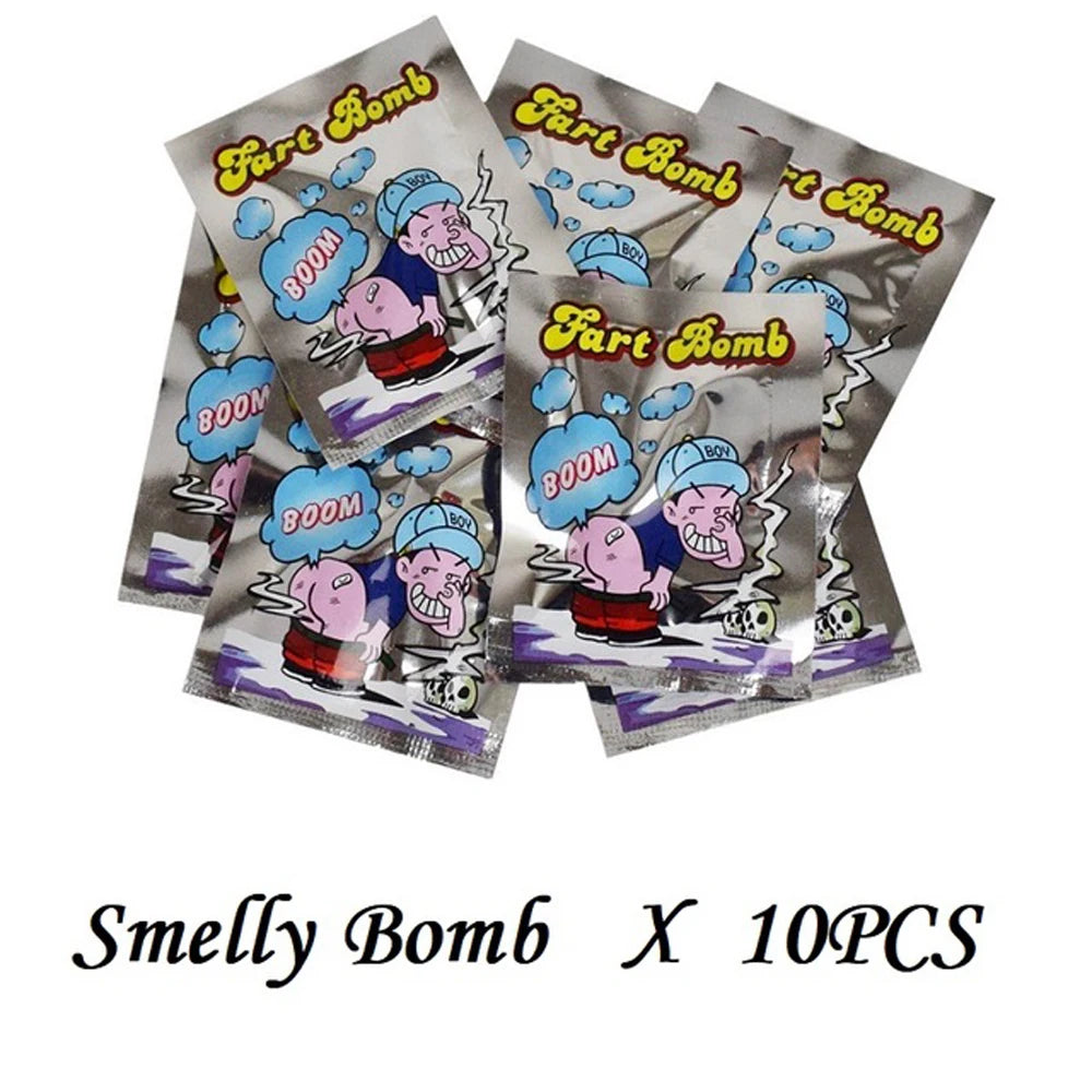 A set of ten prank fart bombs or bags designed for funny gag gifts.