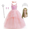 Pink princess ball gown costume dress for girls featuring a bodice, tulle skirt, and a crown