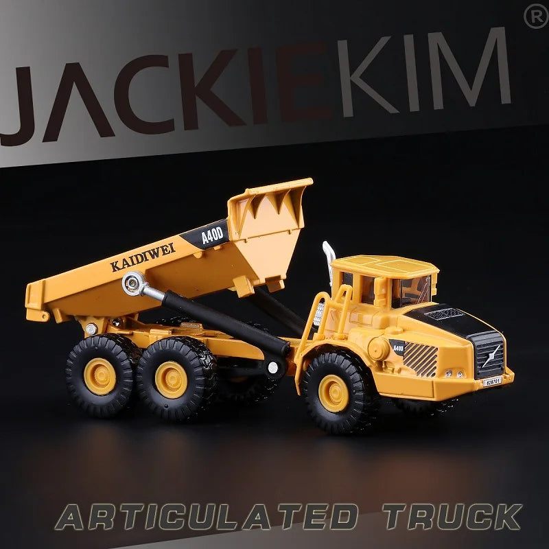 A yellow 1:87 scale articulated dumper truck diecast model with a raised bed.