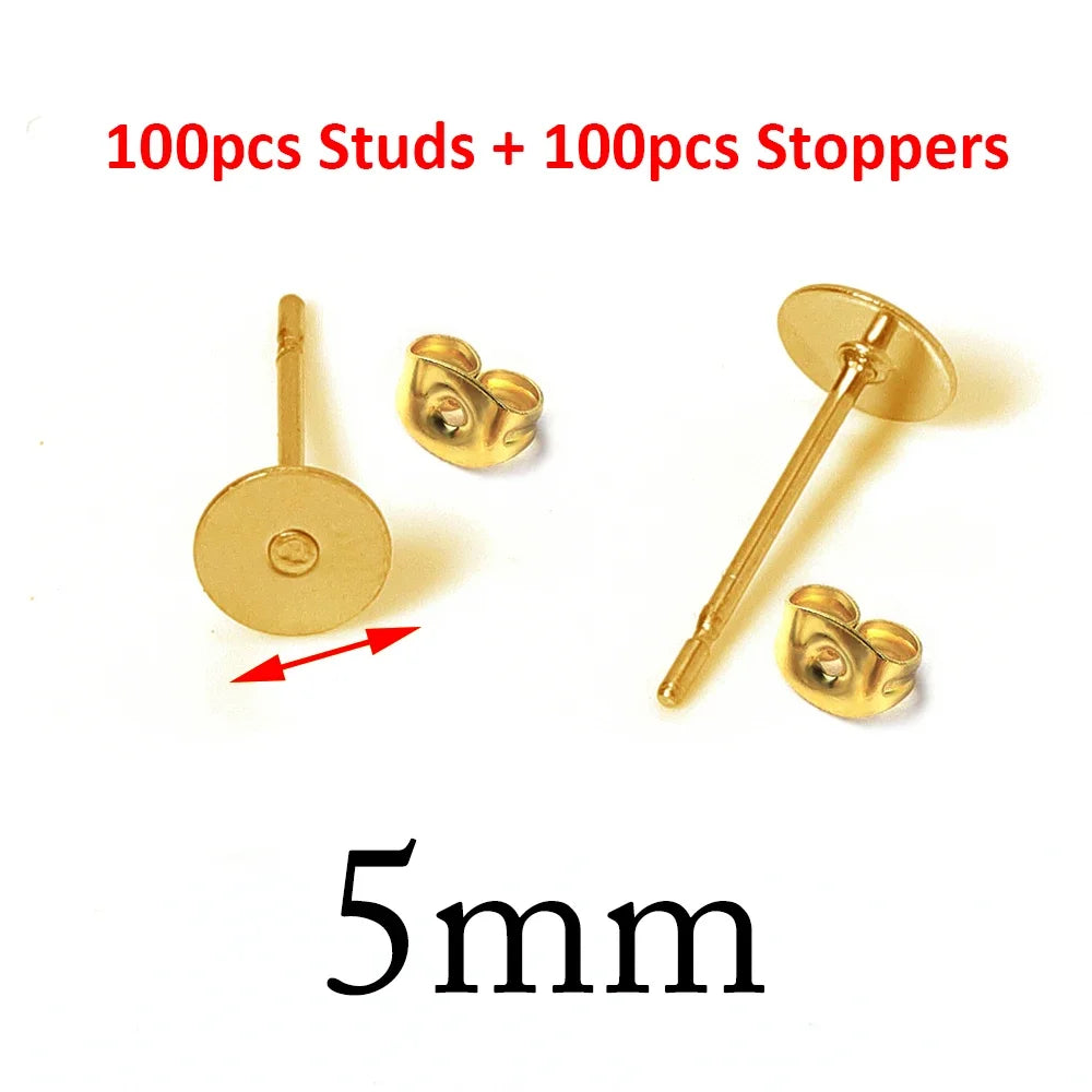 A set of 100 studs and 100 stoppers for DIY jewelry making, featuring 5mm stainless steel earring stud bases.