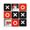 A square Tic Tac Toe game board with red and black tiles, showing various configurations of X's and O's.