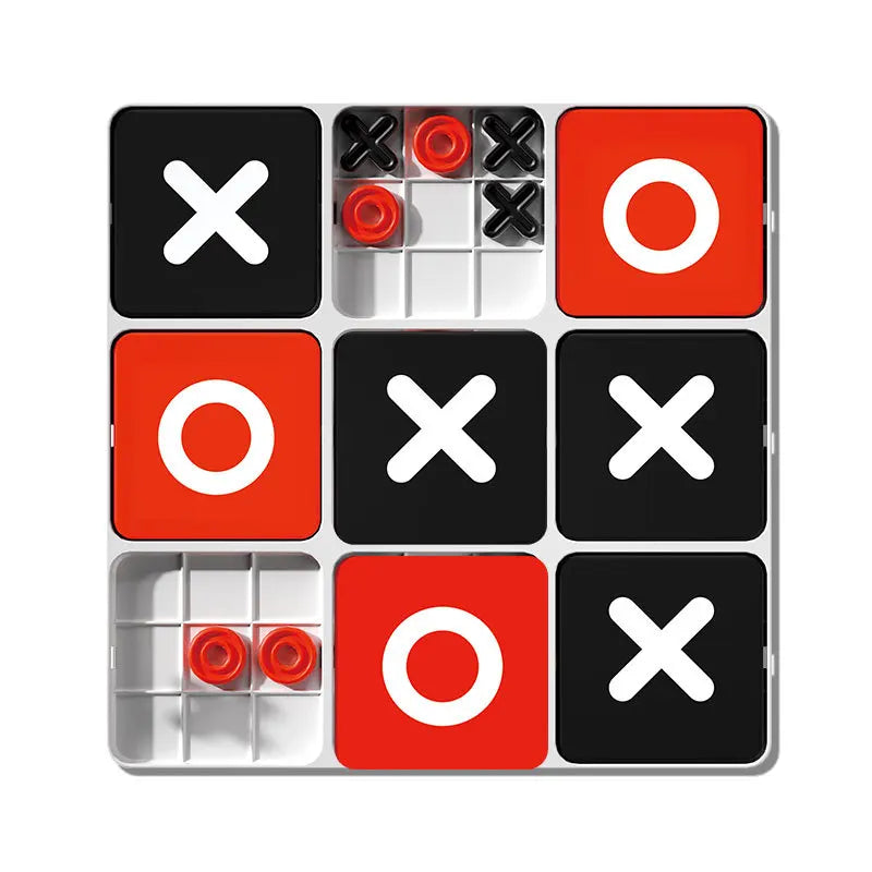 A square Tic Tac Toe game board with red and black tiles, showing various configurations of X's and O's.