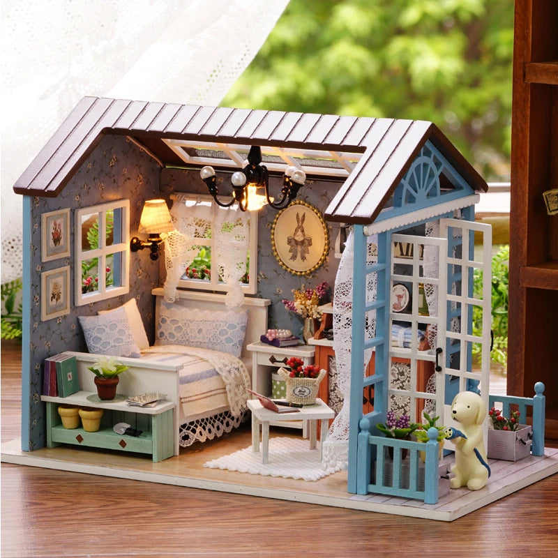 DIY Miniature Wooden Dollhouse Kit with LED Lighting