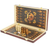 A wooden folding game board featuring a chessboard and checkers set with decorative gold accents.