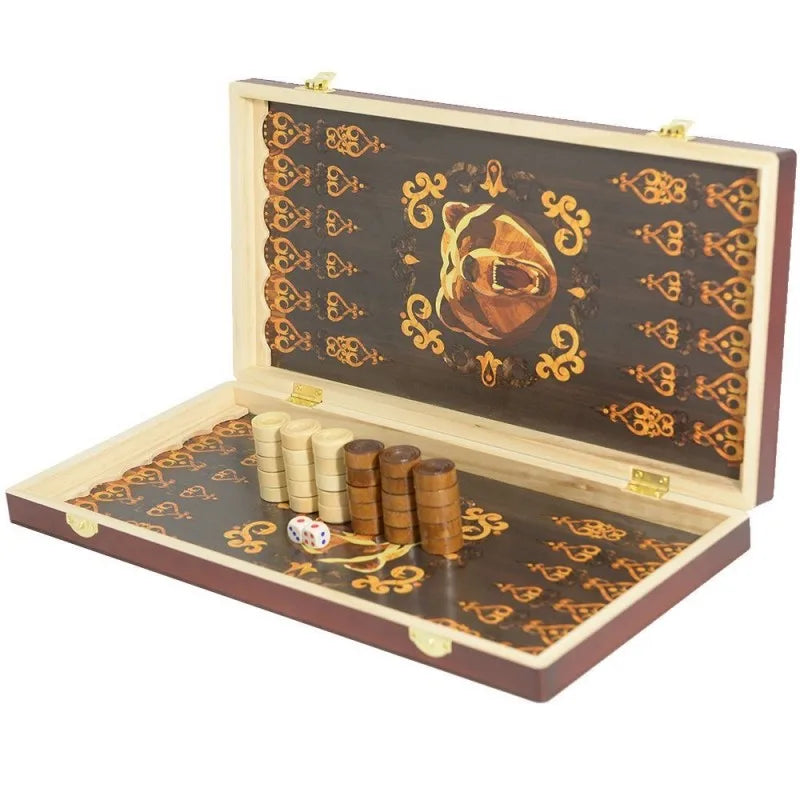 A wooden folding game board featuring a chessboard and checkers set with decorative gold accents.