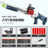 A white and blue soft-shot gun toy with a red shell ejecting mechanism and various bullet types shown below.