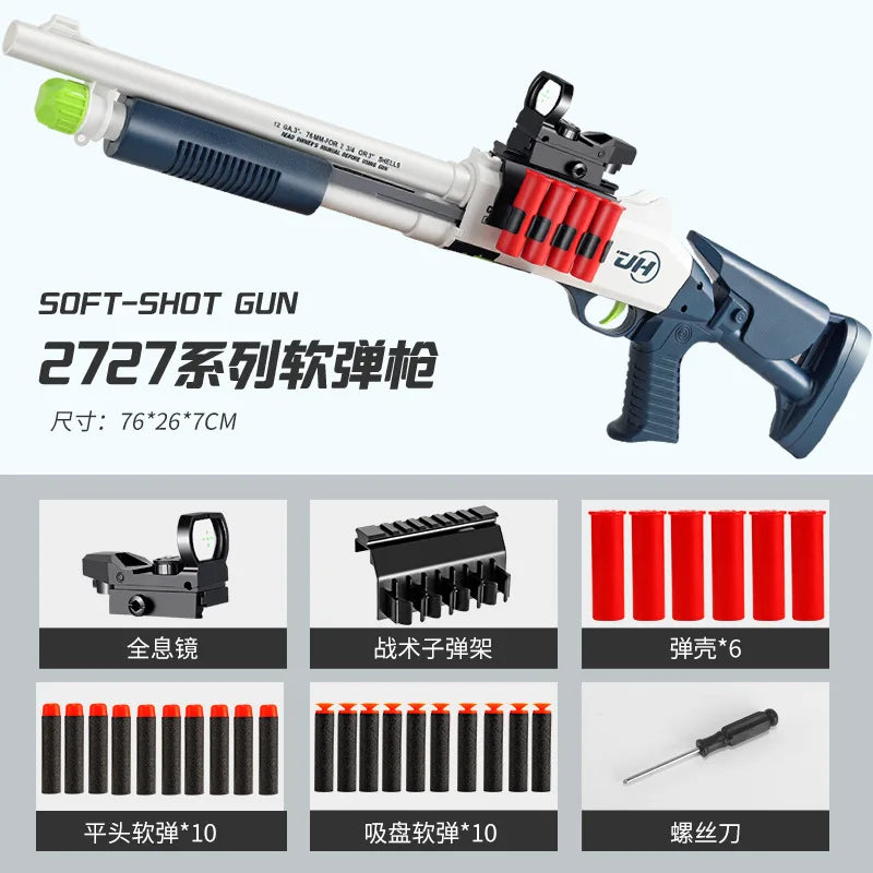A white and blue soft-shot gun toy with a red shell ejecting mechanism and various bullet types shown below.