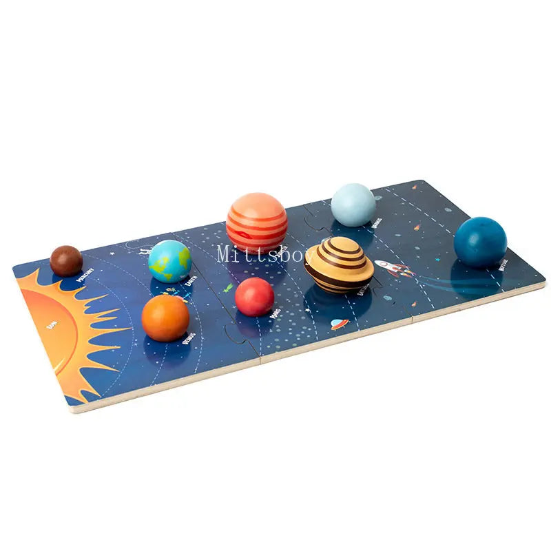 A wooden solar system puzzle board featuring colorful spheres representing planets and the sun.
