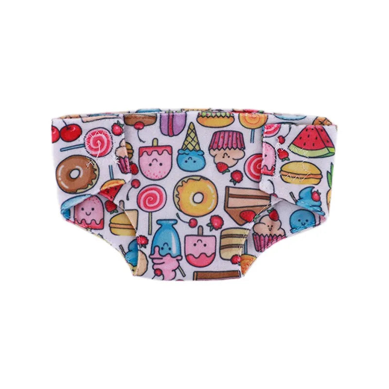 A colorful fabric headband featuring various sweet and cute patterns for doll underwear.