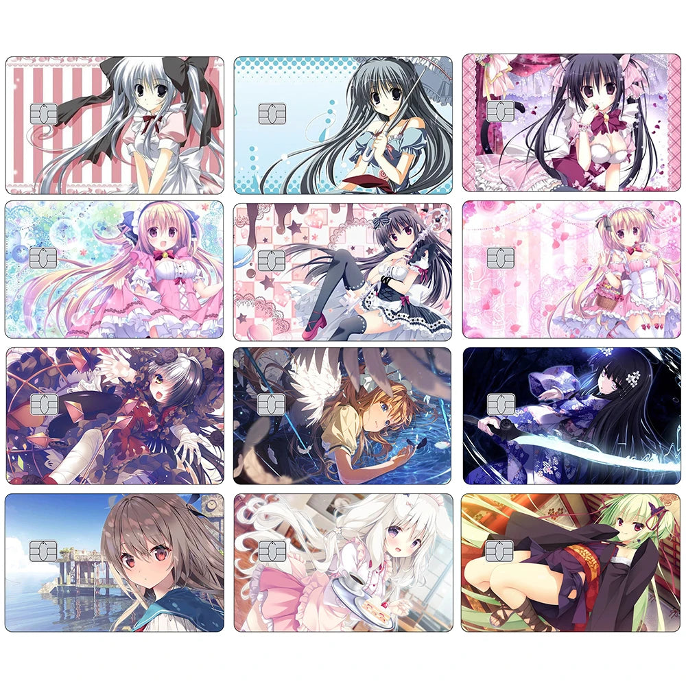 A collection of anime girl credit card skin stickers featuring various characters in different poses and outfits.