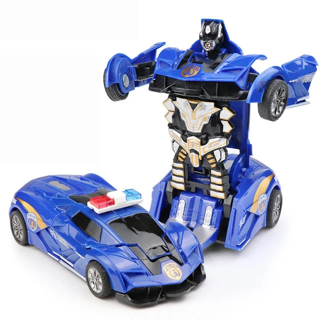 A blue transforming car robot toy with a black and gold armored figure.