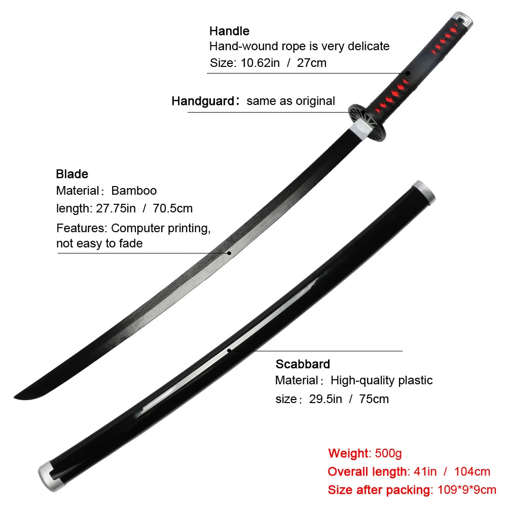 A black bamboo cosplay katana sword with a handle, guard, and scabbard shown in detail.