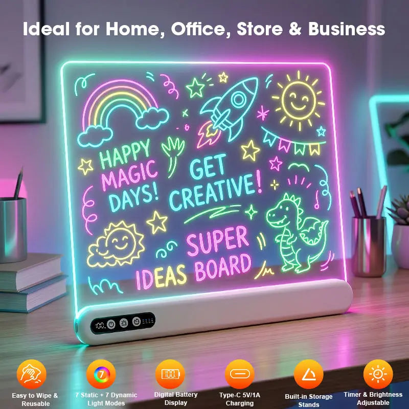 A glowing LED drawing board displaying colorful drawings of a rainbow, sun, rocket, and dinosaur on a white base.
