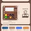 A wooden watercolor paint set with eight color cards and a long tail clip displayed on a light background.