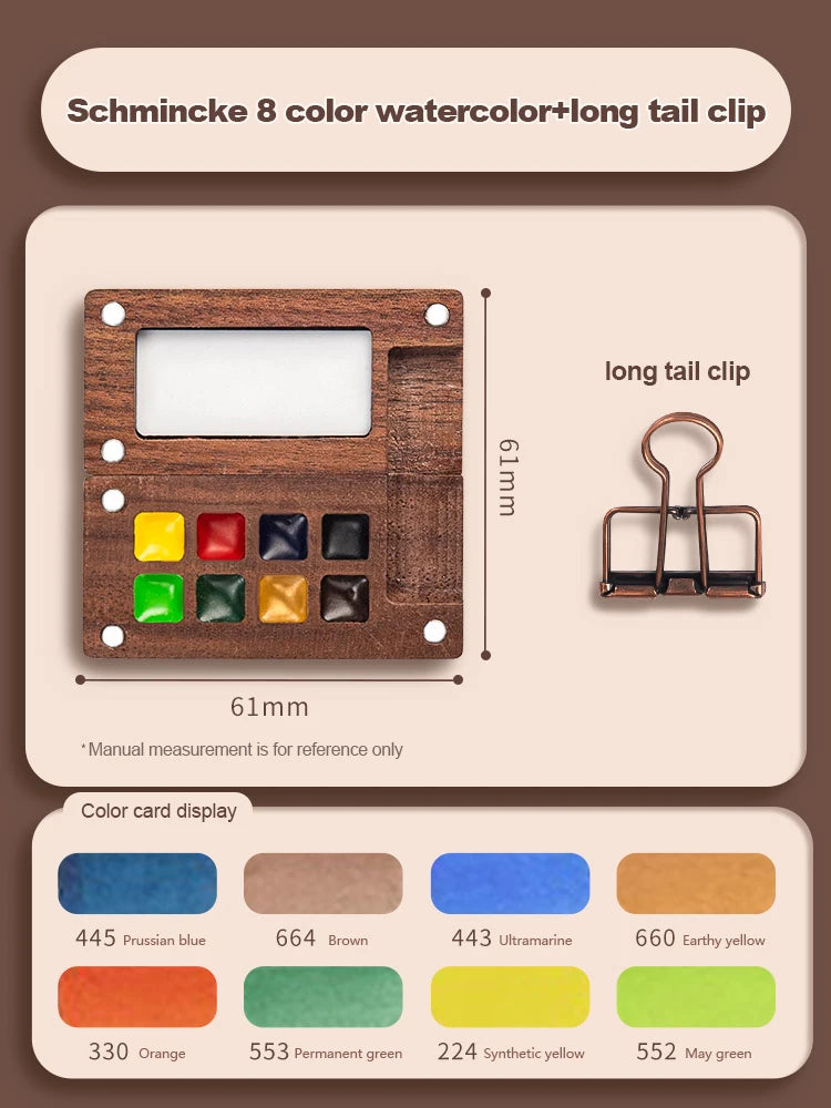 A wooden watercolor paint set with eight color cards and a long tail clip displayed on a light background.
