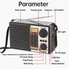 A portable solar radio with tuning knobs, antenna, LED switch, power switch, and various input/output ports.