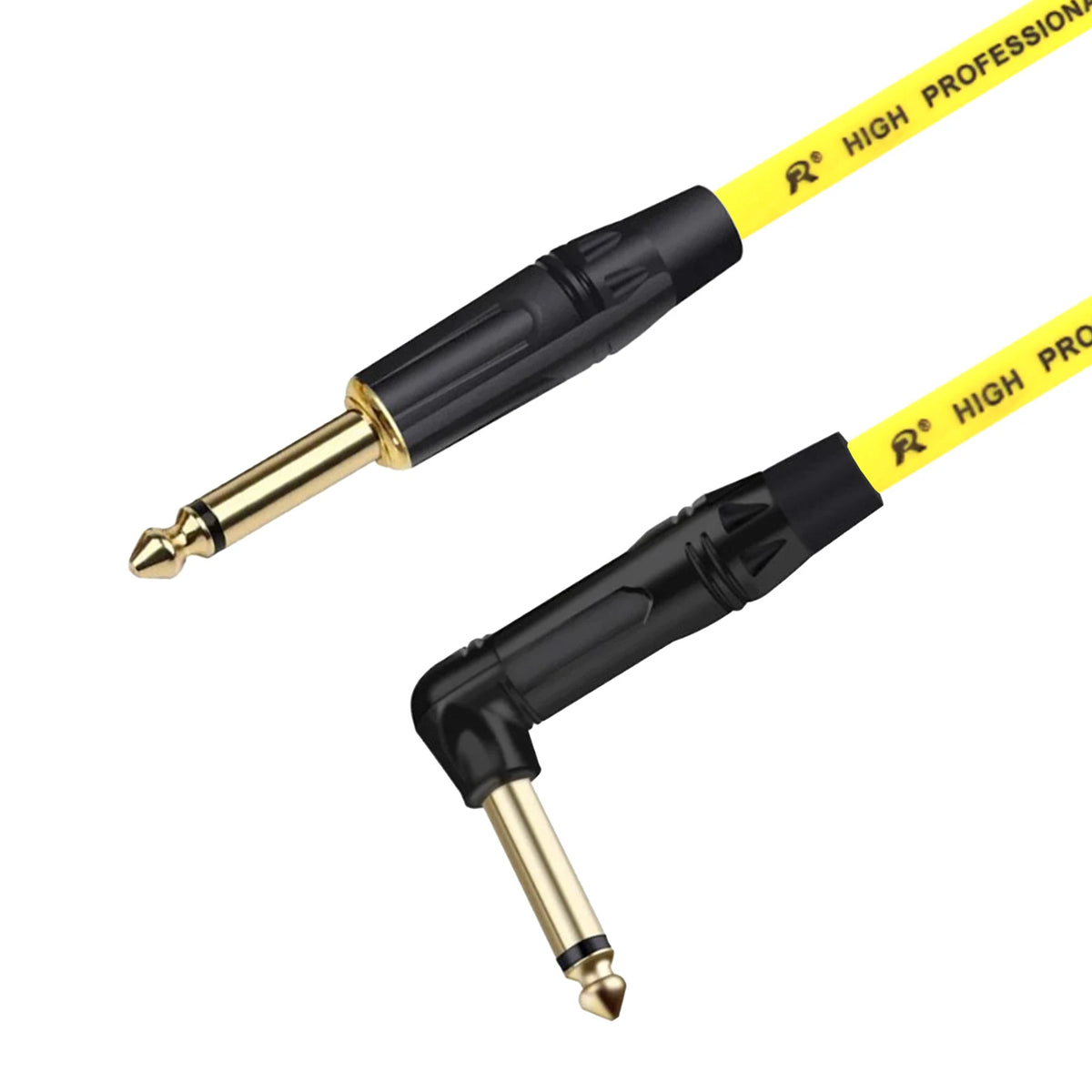 A yellow instrument guitar cable with a right-angle connector and black housing.