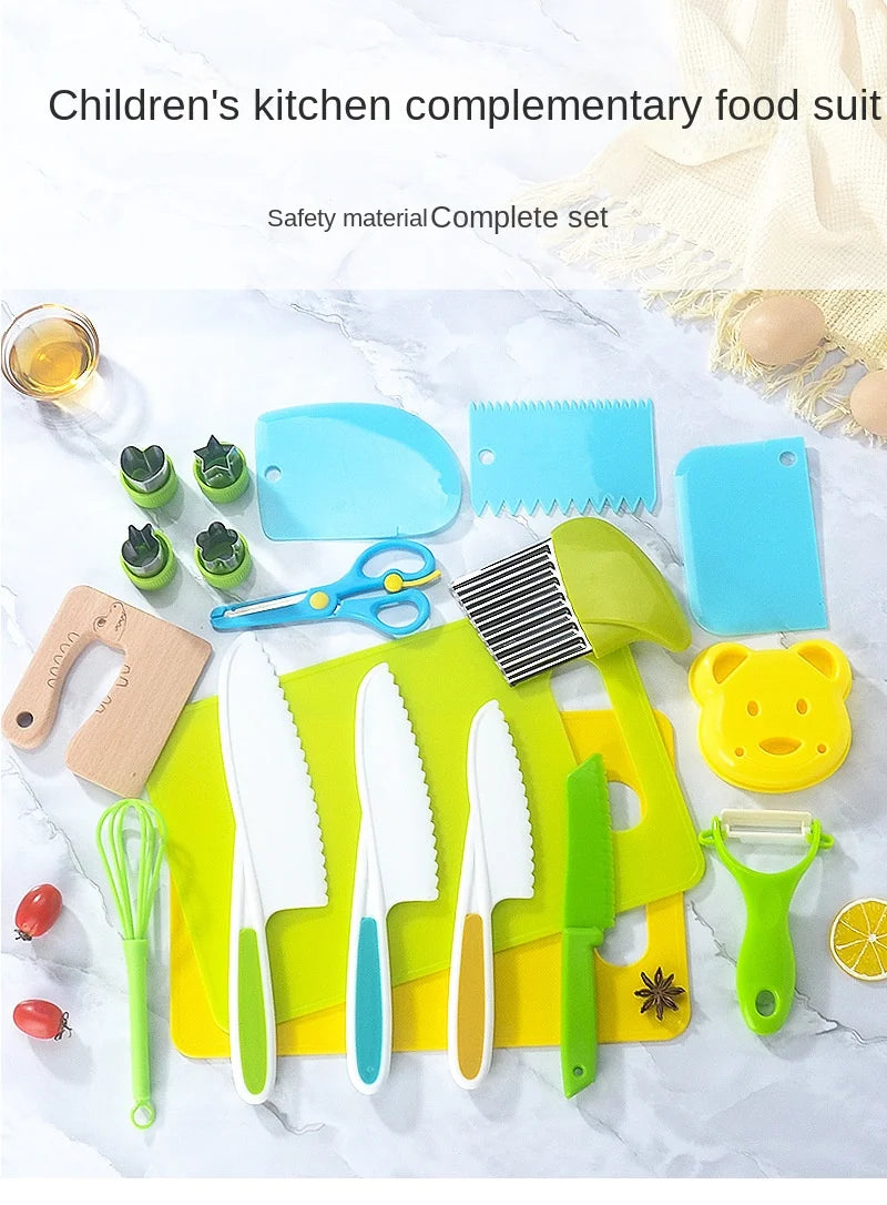 A complete set of safe plastic play knives and tools for children's kitchen use, including various shapes and colors.