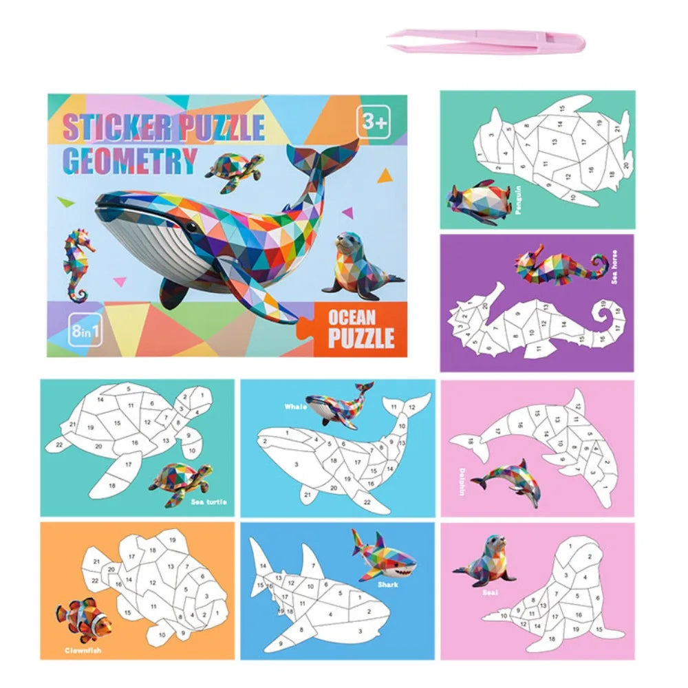 A colorful sticker puzzle book featuring various ocean animals like a dolphin, sea turtle, and shark.