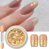 A set of iridescent opal and mermaid chrome nail glitter pigment powders shown alongside a hand with glitter polish.